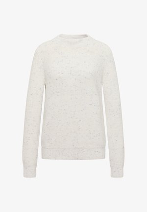 Witte gebreide trui met lange mouwen en een subtiel blauw gesprenkeld patroon, geribde manchetten, zoom en ronde hals.