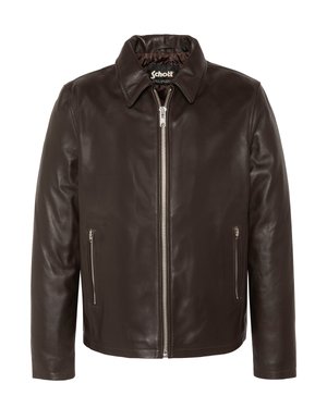 Chaqueta de cuero marrón oscuro con cremallera frontal, dos bolsillos laterales con cremallera y un cuello vuelto, con la etiqueta Schott en el interior del cuello.