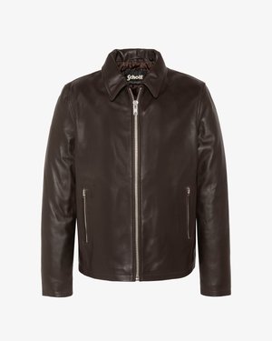 Veste en cuir marron foncé avec fermeture éclair frontale, deux poches latérales zippées et un col plié, étiquetée Schott à l’intérieur du col.