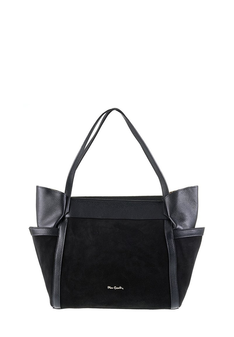 Borsa a tracolla in pelle e suede nera con doppio manico, dettagli testurizzati e tasche laterali esterne. Presenta un dettaglio del logo sul fronte.
