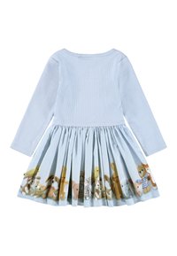 Bluza dolgi rokav z rebrastim svetlo modrim trupom in A-linijsko nabranim krilom, ki na robu vsebuje barvite risbe živali.