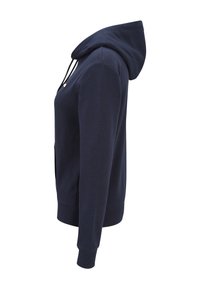 Sudadera azul marino con un bolsillo frontal, cordones ajustables y puños y dobladillo de canalé. Fabricada con una tela suave de textura lisa.