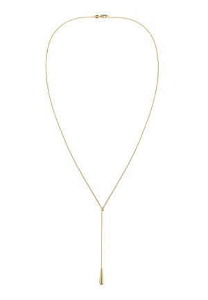 Collier délicat en chaîne d'or avec une goutte en forme de Y terminant par un petit pendentif effilé sur fond blanc.