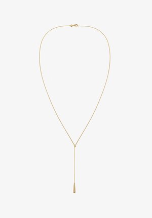 Collier délicat en chaîne d'or avec une goutte en forme de Y terminant par un petit pendentif effilé sur fond blanc.
