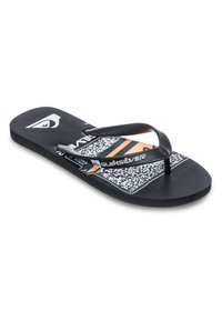 Infradito neri con suola strutturata, dotati di cinturini in gomma nera e una soletta decorata con dettagli in bianco e arancione. Logo Quiksilver presente.