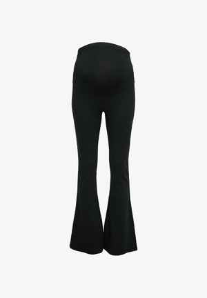 Zwarte flared zwangerschapsleggings met een zachte, elastische tailleband voor ondersteuning en een zachte, duurzame stof die zich aan het lichaam vormt.