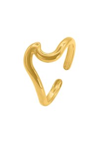 Anello in metallo color oro, ondulato e con design aperto, caratterizzato da superfici lisce e lucide e linee delicatamente curve.