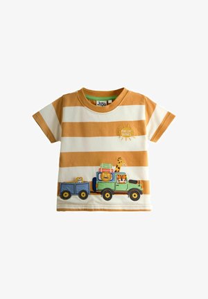 Toddler póló széles narancssárga és fehér csíkokkal, szafari dzsip állatokkal és „Fun on Safari” nap hímzéssel díszítve.