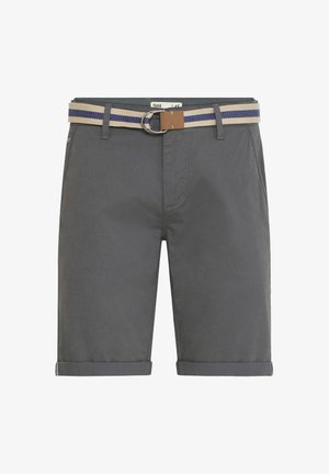 HallGray puuvillased lühikesed püksid, millel on rullitud äär, koos kerge kudumisega vööga beeži ja sinise värviga, millel on metallist pandla.