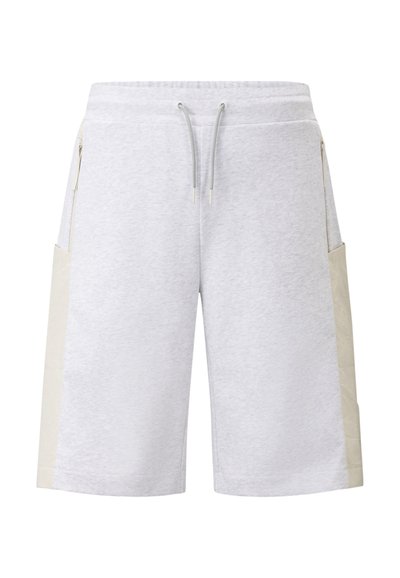 Grijze katoenen shorts met lichtbeige zijpanelen, elastische taille met trekkoord en ritszakken aan beide zijden.