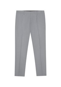 Pantaloni grigi in tessuto morbido, design a gamba dritta e motivo sottile. Presentano una vita con passanti per cintura e due tasche anteriori.