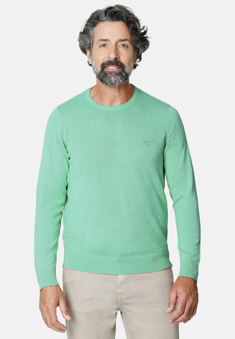 Suéter de punto verde claro con mangas largas, cuello redondo, puños acanalados y dobladillo. Presenta un pequeño logo en el pecho.