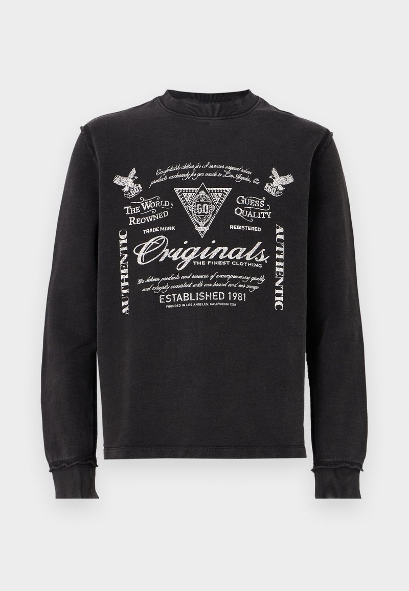Schwarzes Sweatshirt aus weichem Stoff mit langen Ärmeln. Enthält strukturierte weiße Grafiken und Schriftzüge auf der Vorderseite. Runder Halsausschnitt, lässige Passform.