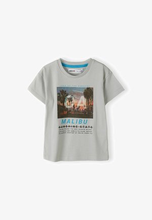 Hele hallikas lühikeste varrukatega t-särk, mis on valmistatud puuvillast, ja millel on prinditud disain palmipuudega ning tekst "Malibu Sunshine State."