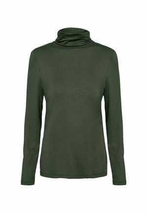 Tumedast rohelisest pehmest ja venivast materjalist pika varrukaga kõrge kaelusega särk. Sile tekstuur rullitud kaela ja istuva disainiga.