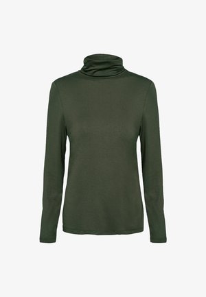 Mörkgrön långärmad turtleneck-tröja, tillverkad av mjukt och elastiskt material. Slät textur med rullad krage och figursydd design.