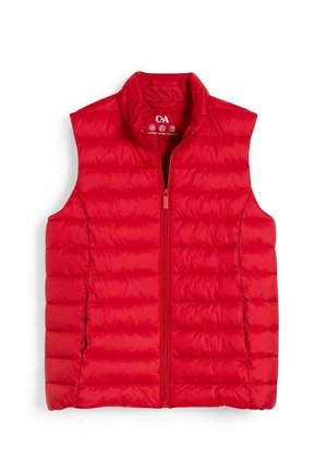 Chaleco acolchado rojo sin mangas con cremallera frontal y bolsillos laterales, diseñado para brindar calor y un estilo casual.