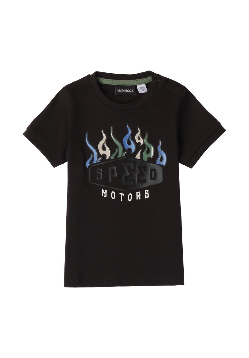Czarna bawełniana koszulka z kolorowym wzorem płomieni w odcieniach niebieskiego i zielonego, nad tekstem "SPEED MOTORS" wytłoczonym na biało i czarno.