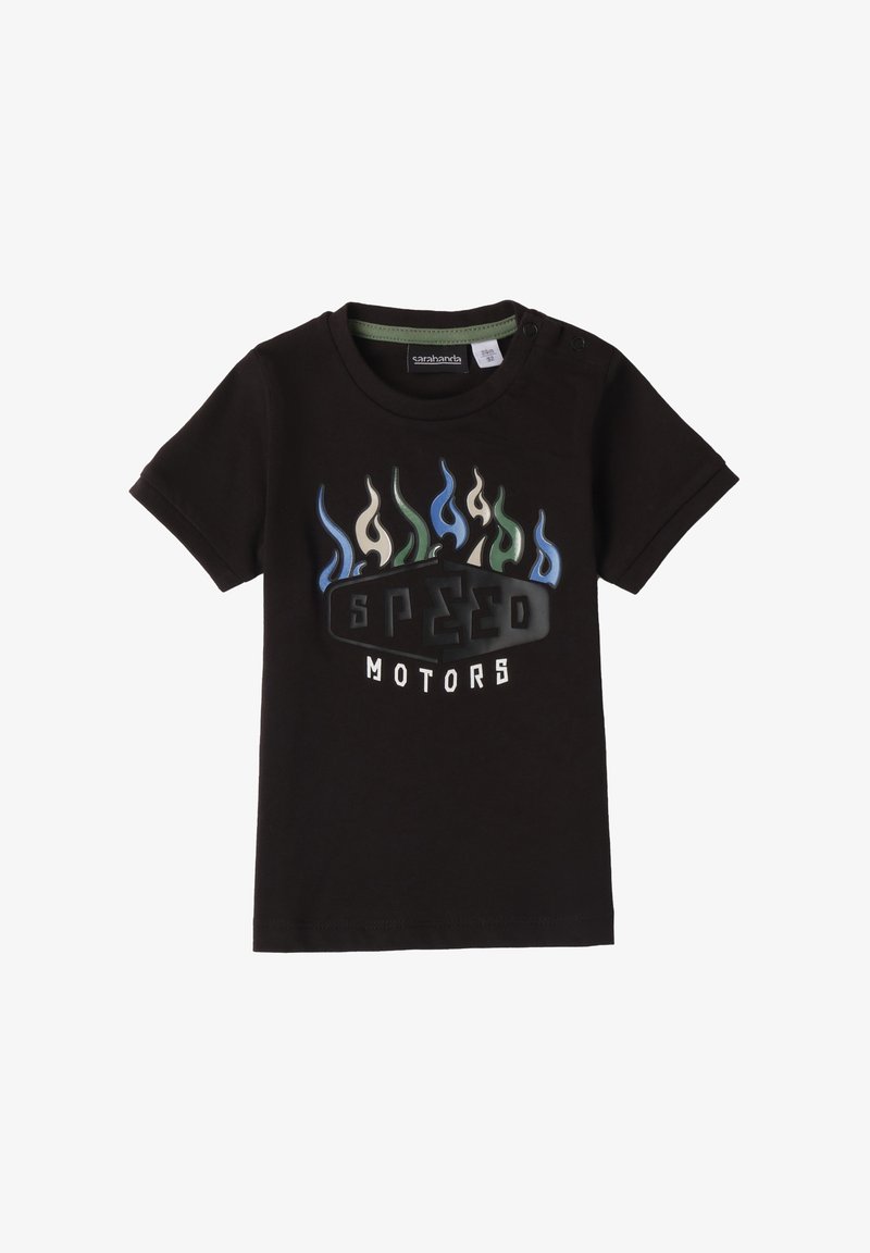 Czarna bawełniana koszulka z kolorowym wzorem płomieni w odcieniach niebieskiego i zielonego, nad tekstem "SPEED MOTORS" wytłoczonym na biało i czarno.