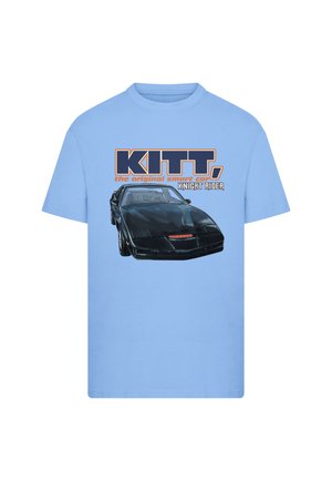 T-shirt bleu clair avec un graphique d'une voiture noire aux accents rouges, labellisée "KITT, la voiture intelligente originale, K 2000".