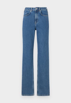 Plave traperice s ravnim krojem, visokim strukom, pet džepova i metalnim dugmetom na zatvaranju. Suptilan uzorak i minimalno izbljeđivanje.