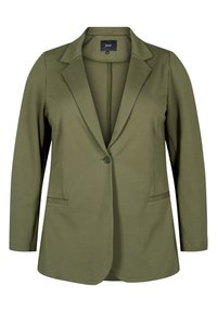 Blazer verde oliva con revers a punta, chiusura a un bottone e due tasche frontali. Realizzato in tessuto morbido, presenta una vestibilità su misura.