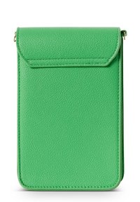 Borsa a tracolla verde in pelle con superficie testurizzata, chiusura a patta e angoli arrotondati. Include hardware in tonalità oro.