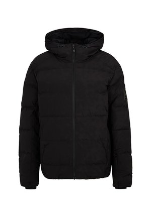 Black padded jacket with a zip front, detachable hood, and side pockets. Material features a textured finish and minimal branding detail.