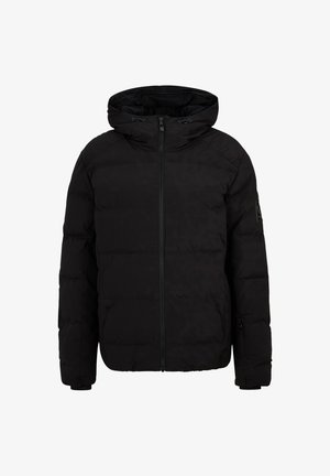 Black padded jacket with a zip front, detachable hood, and side pockets. Material features a textured finish and minimal branding detail.
