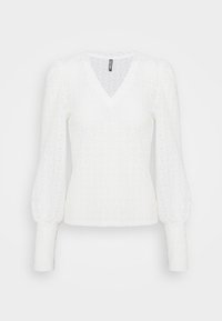 Bílý dlouhý rukáv s výstřihem do V, s texturovanou tkaninou, balónovými rukávy a žebrovanými manžetami, navržený s jemným vzorem.