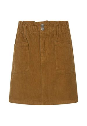 Jupe en velours côtelé marron avec une ceinture élastique, deux poches plaquées à l'avant et deux boutons en métal au centre supérieur.