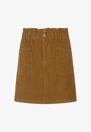 Jupe en velours côtelé marron avec une ceinture élastique, deux poches plaquées à l'avant et deux boutons en métal au centre supérieur.