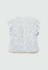 Weiße Bluse mit blauen vertikalen Streifen, kurzen, gerüschten Ärmeln und lockerer Passform. Verfügt über eine Schlüsselöffnung im Rücken.
