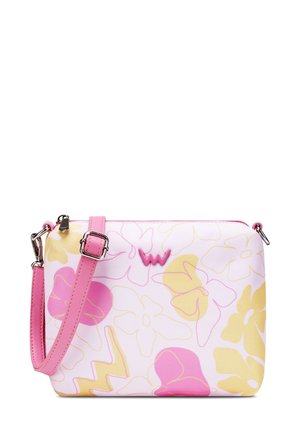 Pink crossbody bag with floral pattern in pink and yellow. Features a top zipper and strap, with a logo accent on the front.