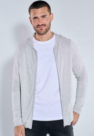 Helles graues Zip-Hoodie mit weicher Textur, ausgestattet mit einer Kapuze, gerippten Bündchen und einem schlichten weißen T-Shirt darunter.