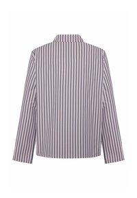Camicia a maniche lunghe con uno sfondo rosa pallido e sottili righe verticali blu navy, dotata di colletto e orlo dritto.