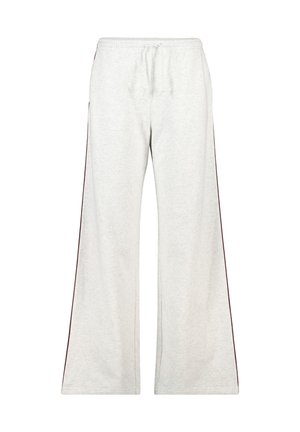 Hellgraue weite Sweatpants mit elastischem Bund, Kordelzug und dunklen Seitestreifen, die entlang beider Beine verlaufen.