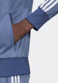 Sininen urheilutakki, jossa on vetoketjullinen tasku, resorit hihansuissa ja kolme valkoista raitaa hihassa. Sileä pintakuviointi ja sporttinen muotoilu.