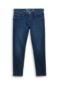 Jeanși din denim albastru închis, cu picior tapered, design cu cinci buzunare și ușoară decolorare. Dispun de închidere cu button și bucle pentru curea la talie.
