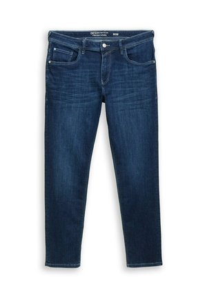 Mörkblå denimjeans med smal ben, femfickdesign och subtila blekningar. Har knappstängning och bälteshällor vid midjan.