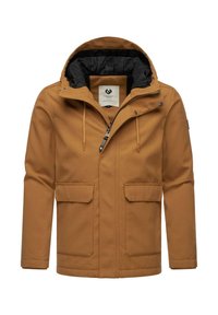 Brun isoleret jakke med hætte, der har en lynlåslukning foran, to store forlommer og en sort indvendig foring.