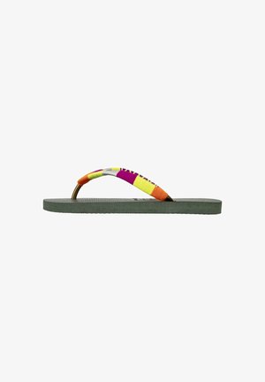 Flip-flop met meerkleurige stoffen bandjes; rubberen zool in lichtgroen; gestructureerde voetbed; thongstijl met gebogen, decoratieve accenten.