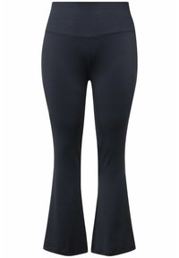 Leggings neri a zampa d'elefante realizzati in tessuto elasticizzato, con vita alta e texture liscia. Nessun motivo visibile o dettagli metallici.