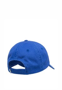 Blue cotton baseball cap with a curved brim and an adjustable strap at the back. Features ventilation holes and reinforced stitching.