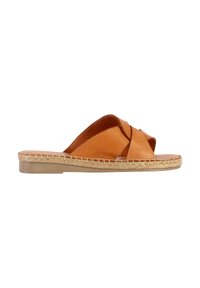 Braune Leder-Sandale mit gekreuzten Riemen, geflochtenem Jute-Rand und flacher Sohle. Glatte Textur, offenes Zehendesign und lässige Silhouette.