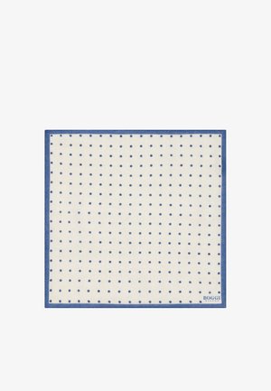 Vaaleanbeige taskuliina, jossa on tasaisesti sijoitetut pienet siniset pilkut ja sininen reunus, ja yhdessä kulmassa Boggi Milano -logo.