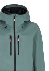 Wasserabweisende Jacke aus leichtem, glattem Material in gedämpftem Blaugrün. Sie verfügt über eine Kapuze, Reißverschluss-Taschen mit pinkfarbenen Akzenten und einen schwarzen Reißverschluss.