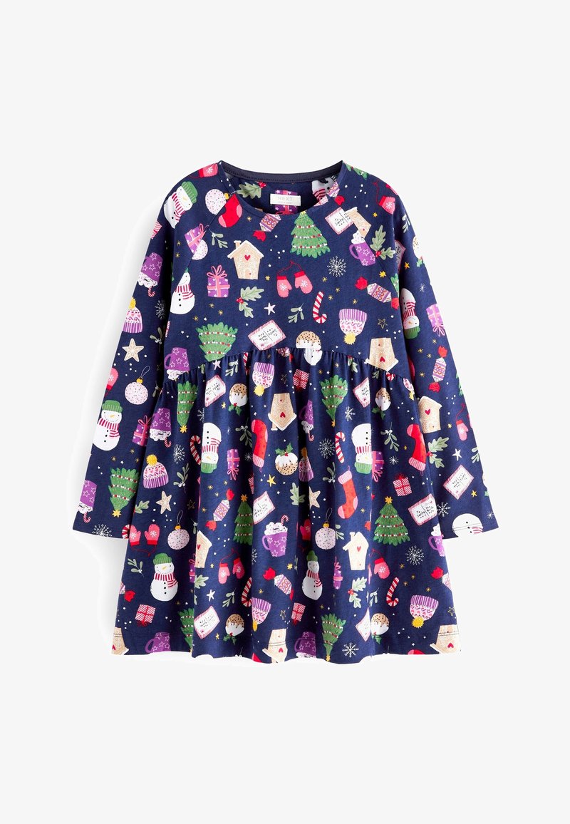 Robe à manches longues pour filles en bleu marine avec des imprimés colorés sur le thème de Noël, incluant des bonhommes de neige, des sapins, des cadeaux, des moufles et des cannes en sucre d'orge.