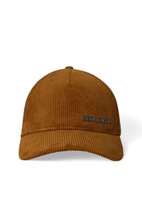 Gorra de béisbol de pana marrón con visera curva y pequeño logo negro "ANTONY MORATO" en el lado derecho frontal.