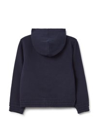 Navy blue sweatshirt with a hood, ribbed cuffs, and hem. Soft fabric texture with a smooth surface, suitable for casual wear.